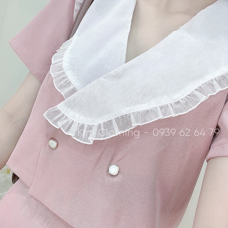 [Hàng sẵn - Hình thật] Set áo croptop cổ bèo gài nút + chân váy midi thanh lịch