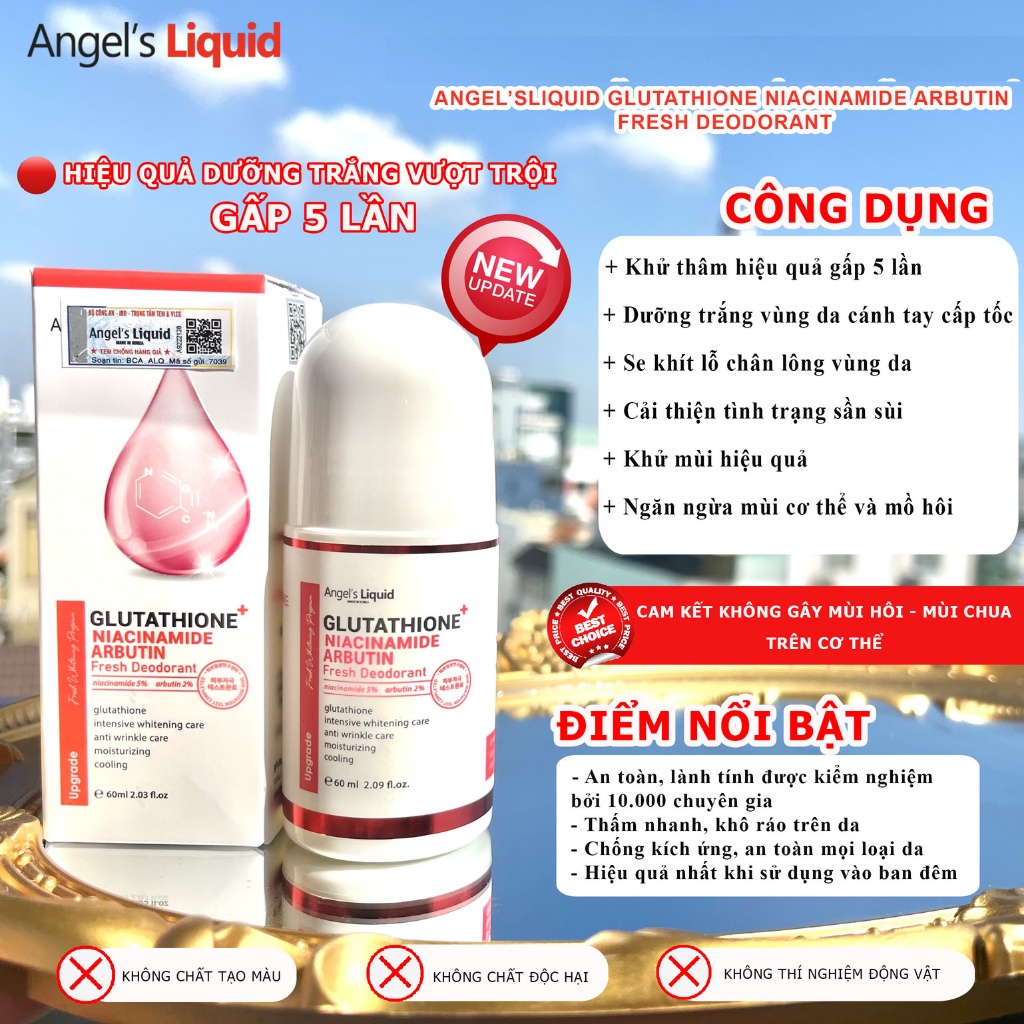 Lăn Nách Mờ Thâm, Dưỡng Trắng Da Angel Liquid Glutathione Plus Niacinamide Arbutin Fresh Deodorant 60ml