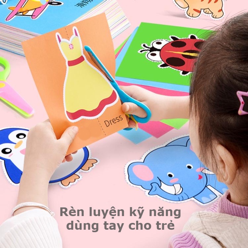 Bộ cắt giấy thủ công 180 tờ kèm kéo nhựa an toàn giúp bé rèn luyện tính kiên trì và khéo léo