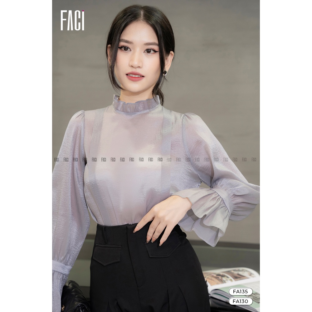 Áo sơ mi nữ FACI kiểu tay dài Cee xòe màu ghi dáng suông cổ bèo tơ voan cao cấp FACI - FA135