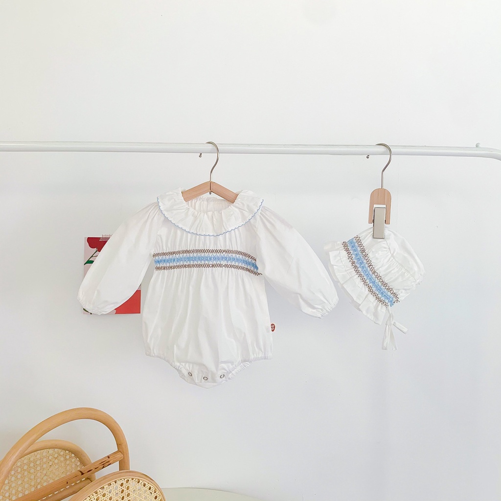 Set đồ liền thân tay dài + mũ thêu hoa dành cho bé gái sơ sinh