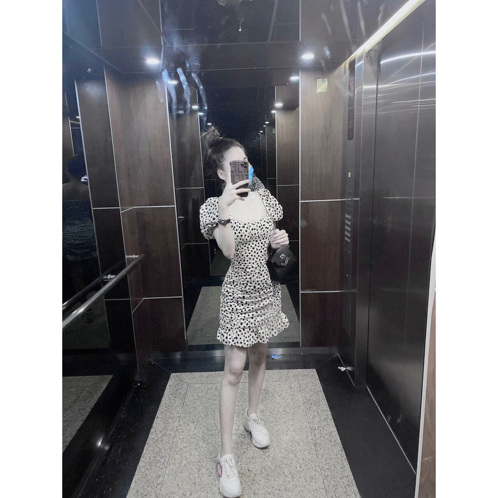 Đầm body nhún chấm bi đen trắng | BigBuy360 - bigbuy360.vn