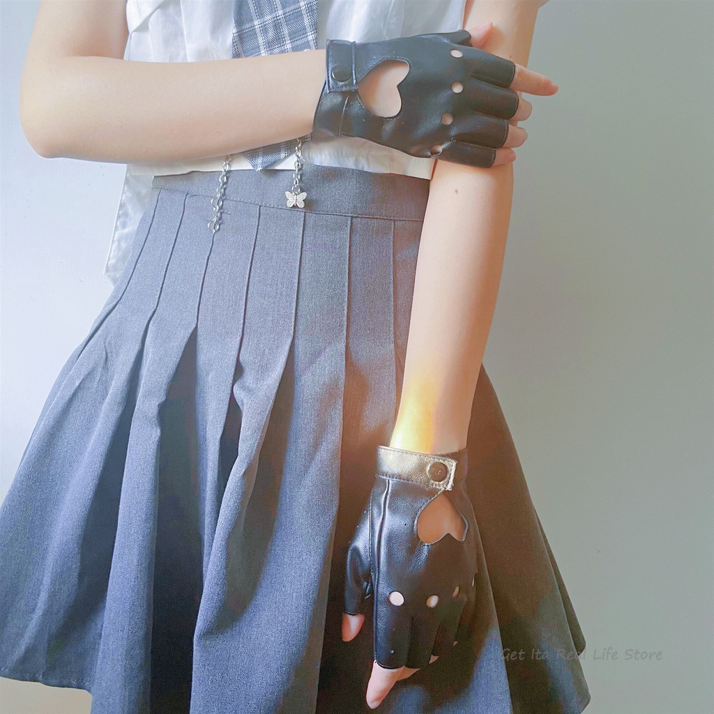 Fingerless Gloves Anime PU Leather Black White Pink Gloves Fashion Streetwear Women Punk Goth Lolita Gloves