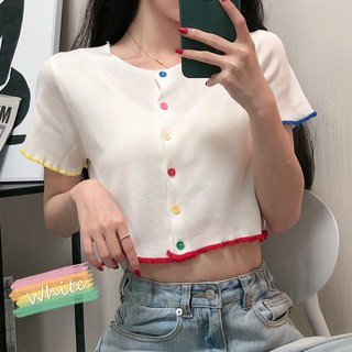 Áo croptop len mỏng nút màu Freesize