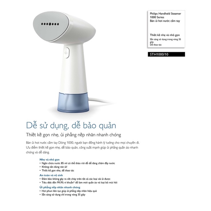 Bàn ủi hơi nước cầm tay Philips STH1000 - Hàng chính hãng - Bảo hành 24 tháng