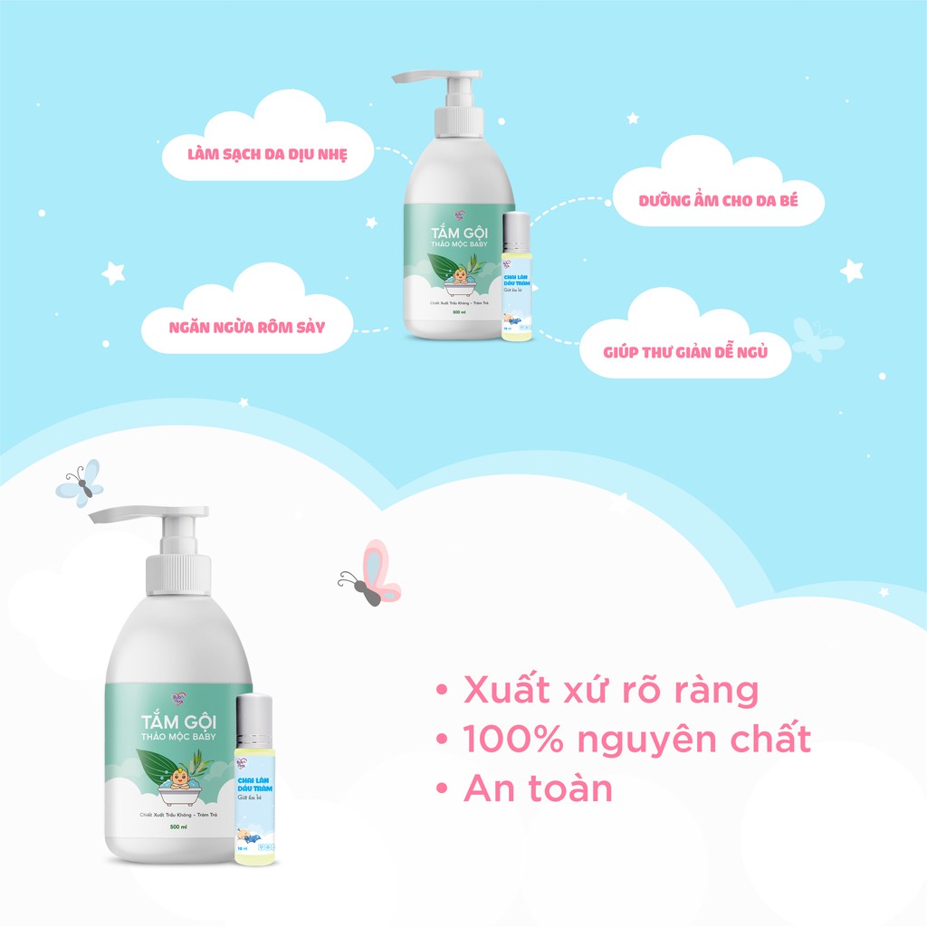 Combo Sữa Tắm Gội Cho Bé BuB&MuM Chiết Xuất Thảo Dược Trầu Không - Tràm Trà 500ml Và Chai Lăn Tinh Dầu Tràm Gió 10ml