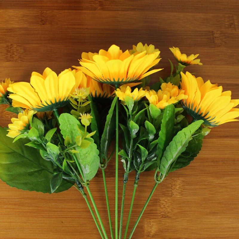 Hoa lụa, chùm hoa hướng dương 33cm 4 bông lớn và bông điểm siêu đẹp