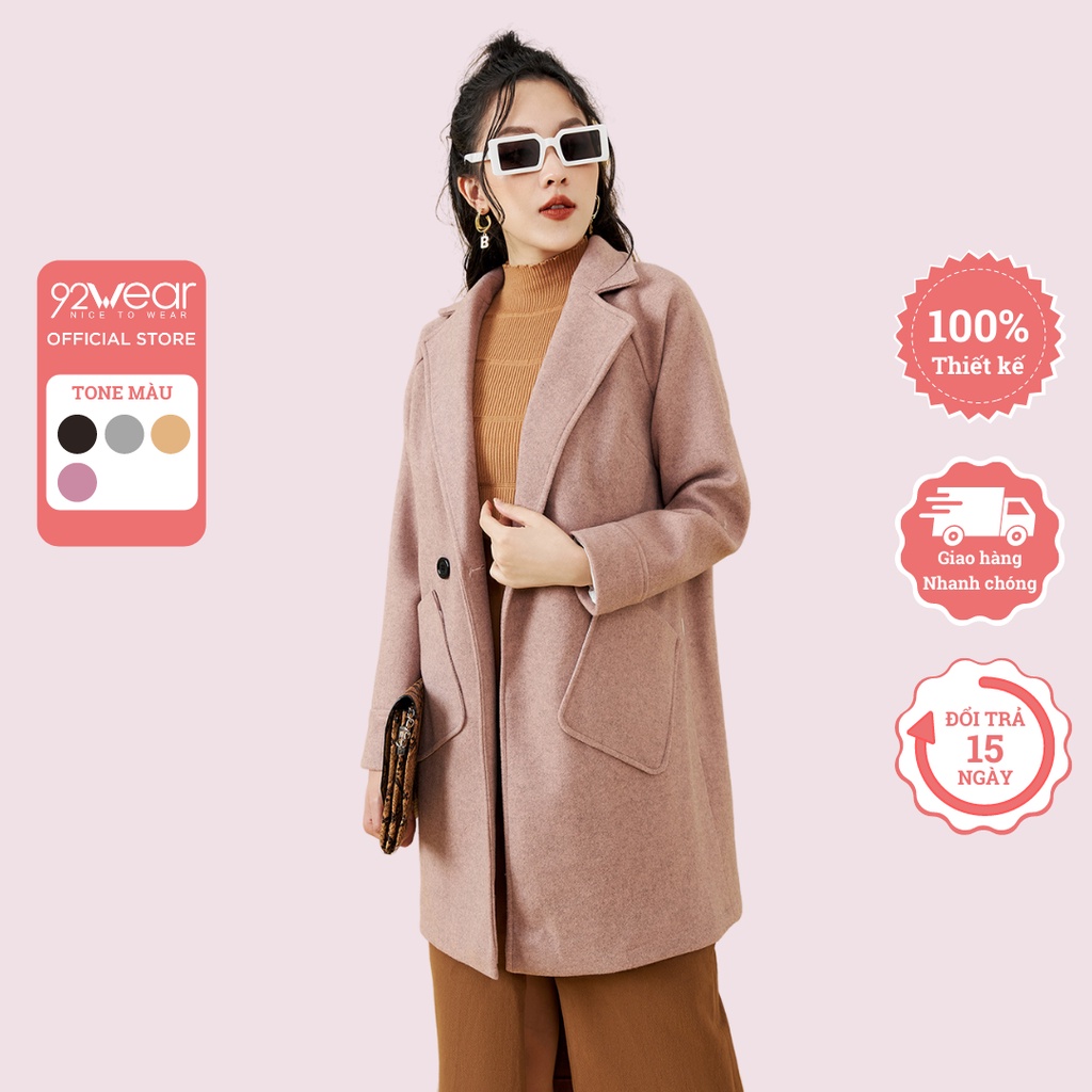 Áo khoác dạ dài nữ 92WEAR 2 túi ốp KDA1269