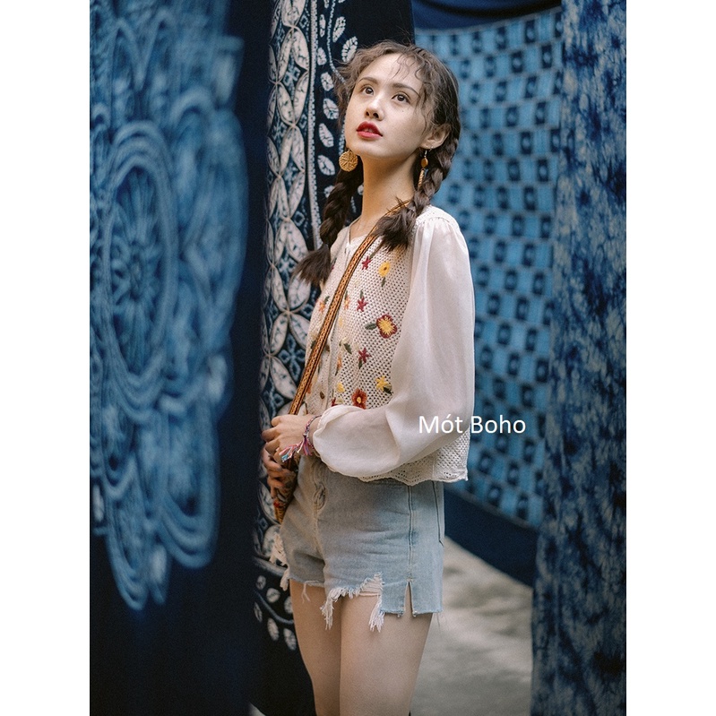 Áo móc len kem thêu hoa màu sắc MÓT BOHO