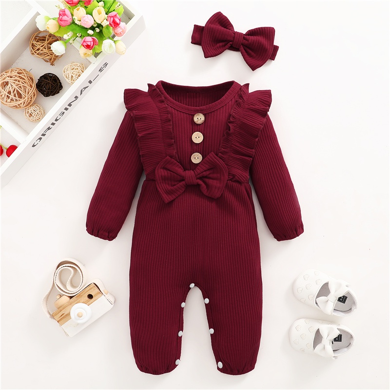 Set áo liền quần MIKRDOO cotton tay dài và băng đô đính nơ thời trang xinh xắn dành cho bé 0-18 tháng tuổi