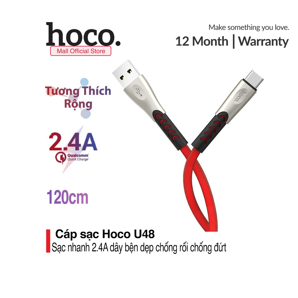 Cáp sạc nhanh Hoco U48 cho điện thoại dây dù chống đứt ( Hỗ trợ sạc nhanh 2.4A Max, dài 1.2m )