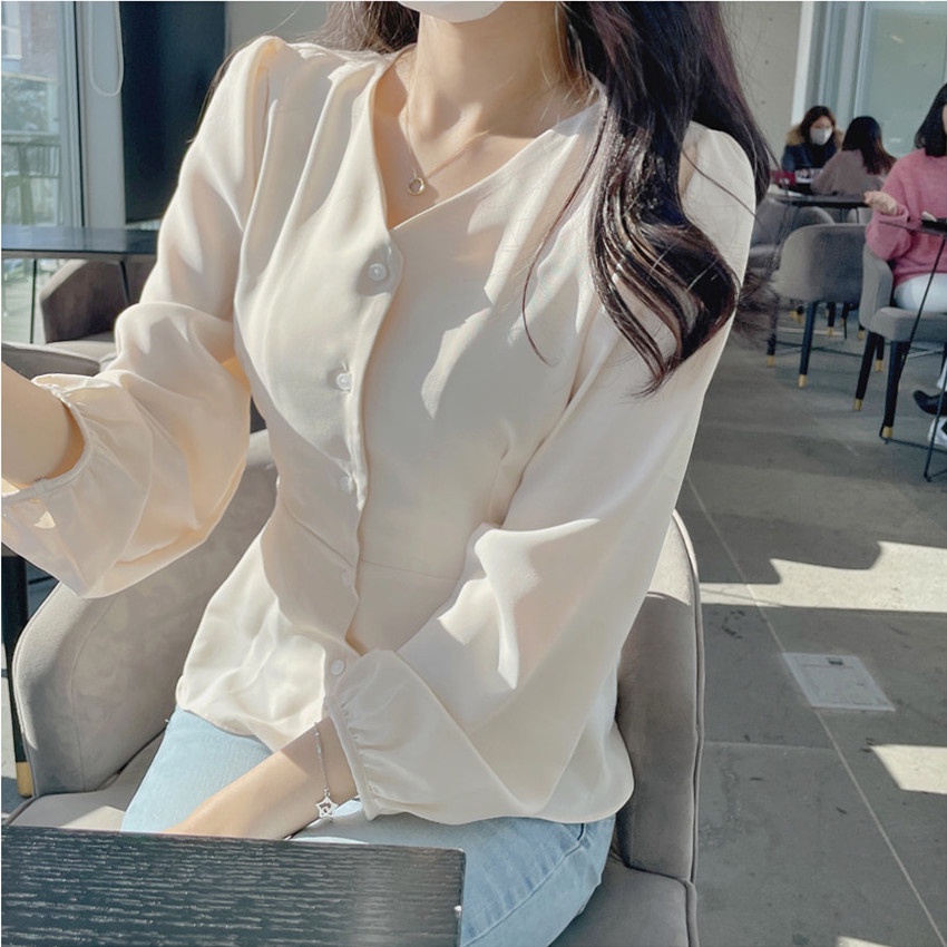 SUXI Áo Sơ Mi Tay Phồng Dài Cổ Chữ V Màu Sắc Trơn Phong Cách Vintage Hàn Quốc Cho Nữ