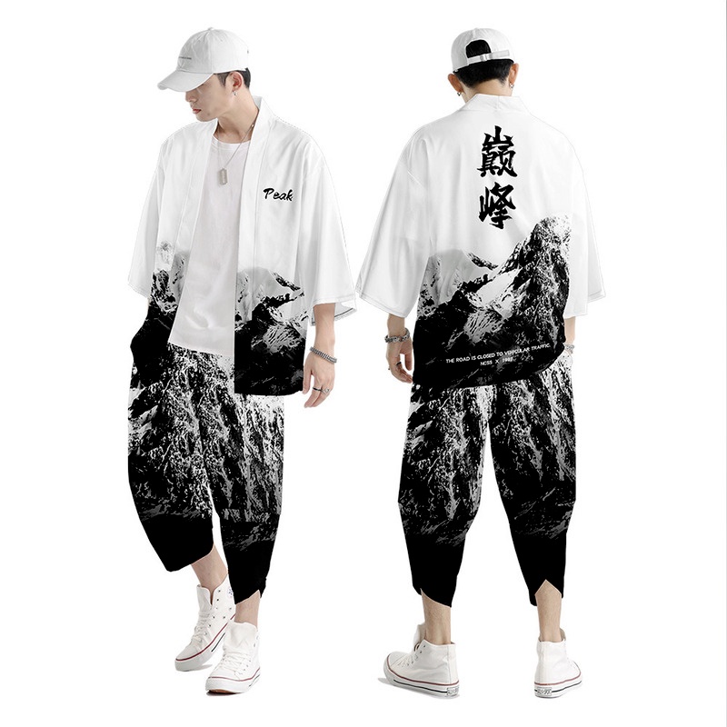 Set Áo Khoác Kimono + Quần Dài Dáng Rộng Phong Cách Nhật Bản Thời Trang Cho Nam Và Nữ Size S-5XL