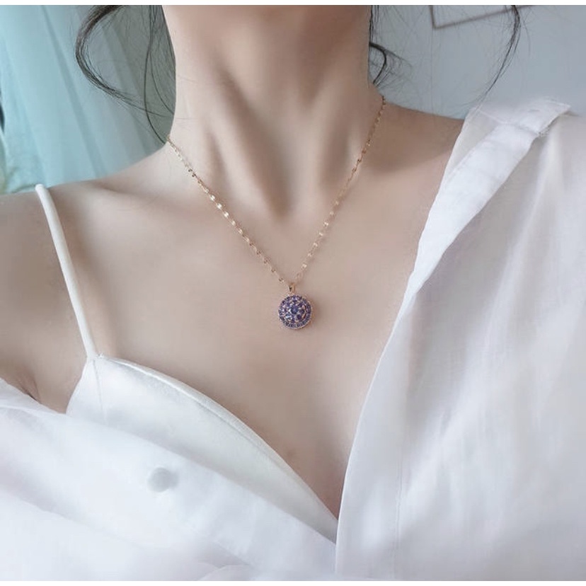 Dây Chuyền Thép Titan Mạ Vàng 18K Mặt Tròn Đính Đá Zircon Lấp Lánh