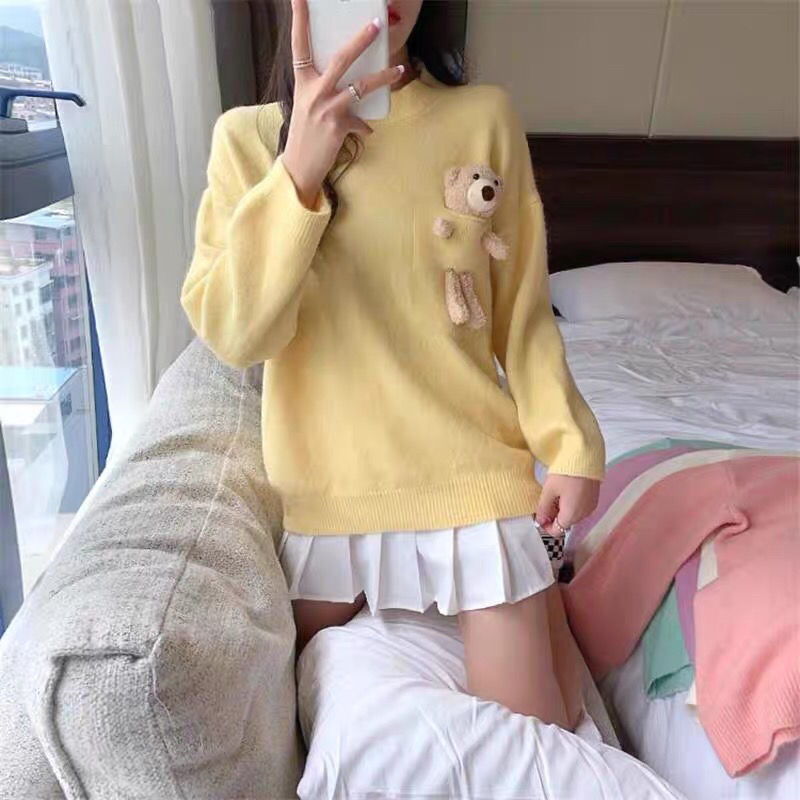 Áo Sweater Dệt Kim Chui Đầu Dáng Rộng Phối Túi In Hình Gấu Kiểu Hàn Quốc Thời Trang Mùa Thu 2020 Cho Nữ