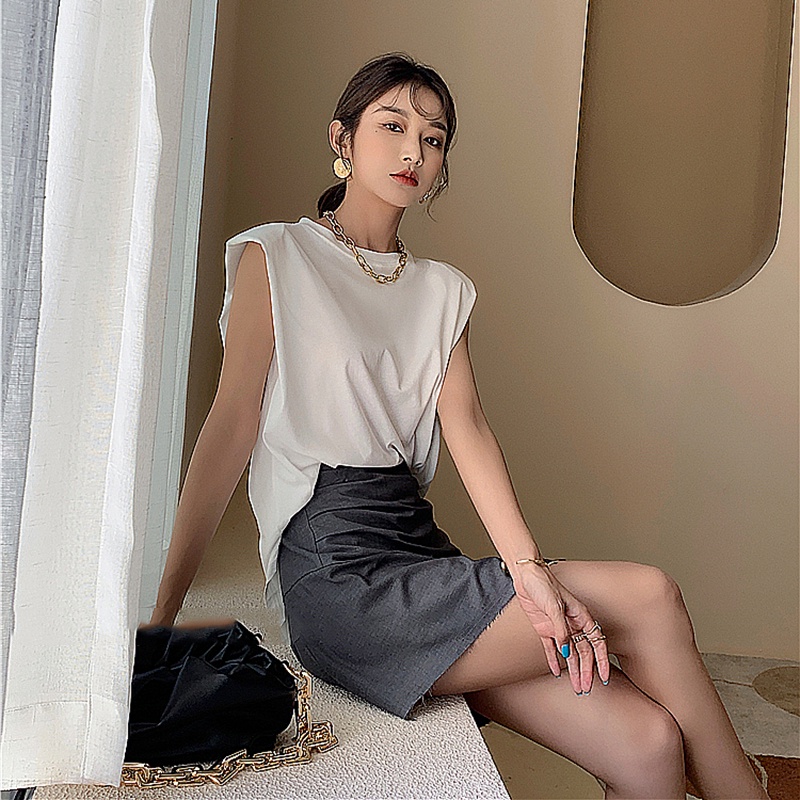 Set Áo Cotton Cao Cấp Không Tay Độn Vai Chân Váy Vạt Chéo Nhún Cạp Thời Trang Sugal TOP NU 033V1 + CV NU 010V1