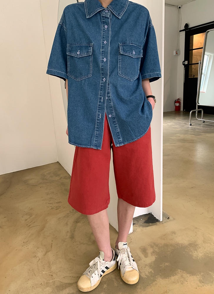 Áo Sơ Mi Denim Tay Ngắn Dáng Rộng Phối Hai Túi Thời Trang 50464