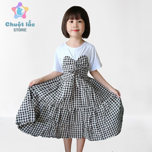 Váy Bé Gái Size Đại Chuột Lắc Store Từ 6 Đến 12 tuổi Kiểu Dáng Xòe Dài Qua Gối Chất Thun Cotton Phối Lụa 16kg Đến 35kg