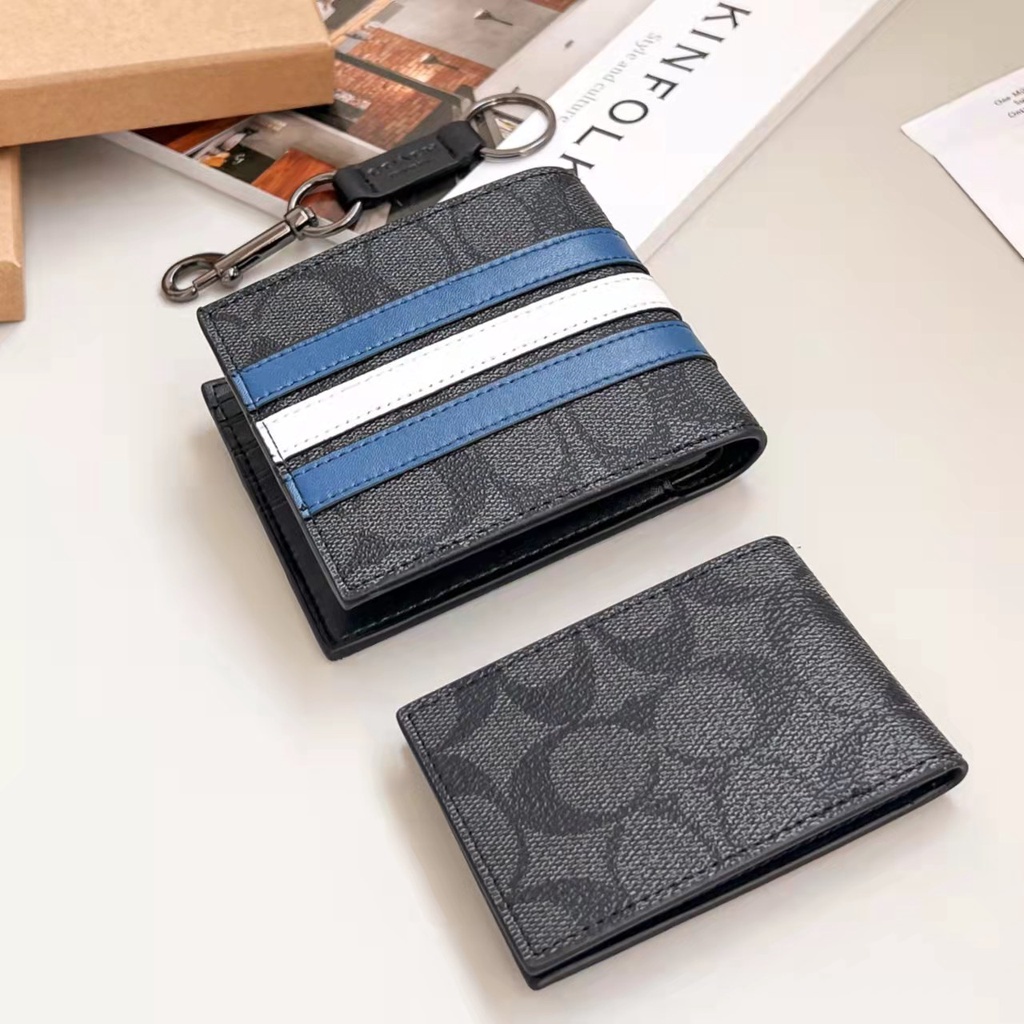 COACH Ví Da Ngắn Kẻ Sọc Có Ngăn Đựng Thẻ Thời Trang Cho Nam 26072
