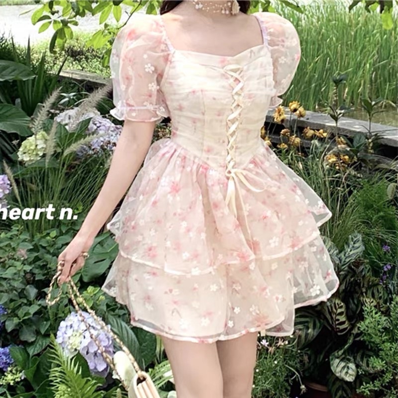 🌷 Váy Hoa Nhí Hồng Dáng Xoè Tầng Tay Phồng Thắt Dây Tiểu Thư Xinh Xắn