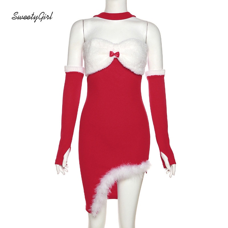 MsMona Đầm Giáng Sinh 2022 Vải Lông Xù Thắt Nơ Lưng Phối Màu Tương Phản Quyến Rũ Hợp Thời Trang Cho Nữ