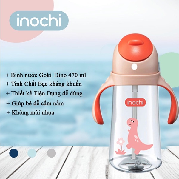 Bình Nước Có Tay Cầm Goki Dino 470ml Tiêu Chuẩn Nhật Bản Cho Bé