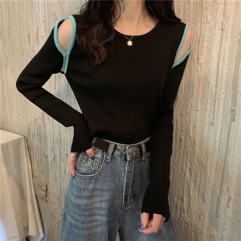 Áo sweater nữ Perty hở vai phối màu thời trang mới Hàn Quốc
