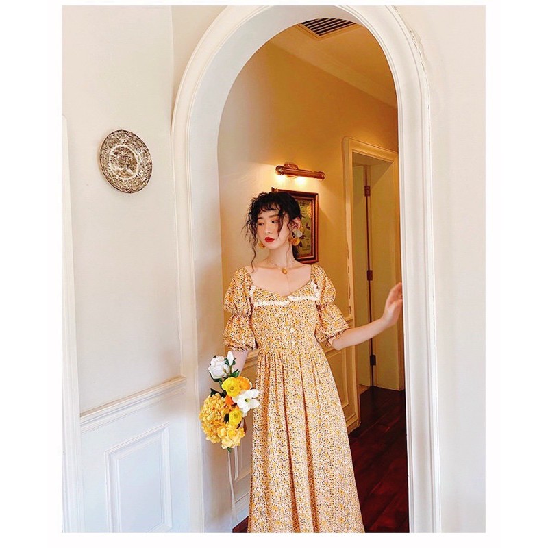 ❤KÈM ẢNH THẬT-ĐẦM MIDI HOA NHÍ VIỀN NGỰC TRẮNG VINTAGE XD