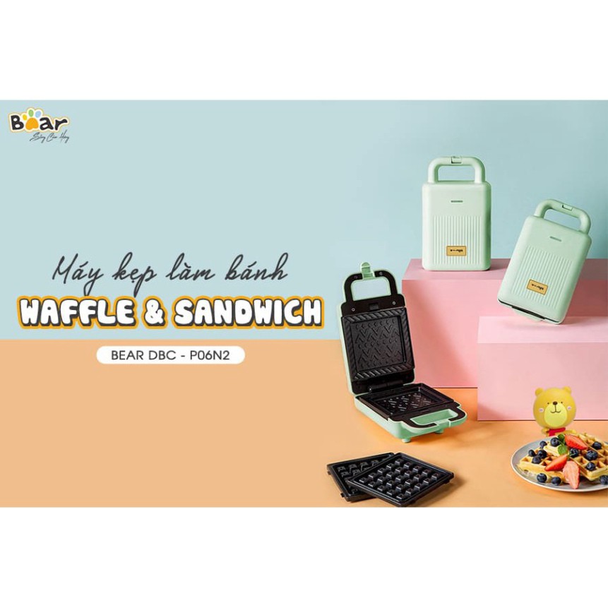 Máy Nướng Bánh Mì Kẹp Nướng Bánh Sandwich Làm Bánh Waffle, Rán Trứng Xúc Xích Bear DBC-P06N2 (Bảo hành 18 tháng)