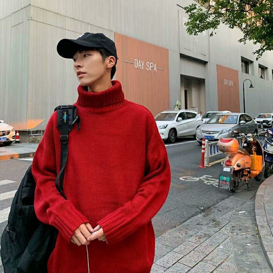 Áo sweater cổ cao dáng rộng màu sắc trơn thời trang thu đông cho nam giới 2021