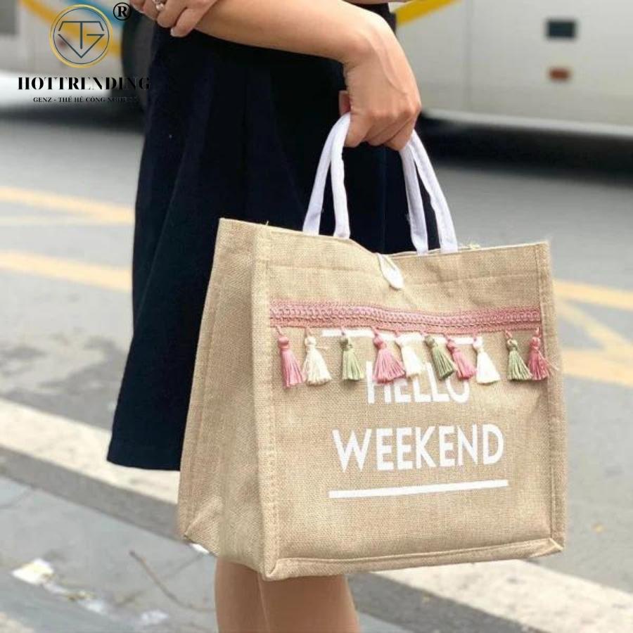 Túi cói vintage đi biển Merci - Hello Weekend xách tay nữ size lớn vải bố lanh cao cấp Hàn Quốc siêu hot 2021