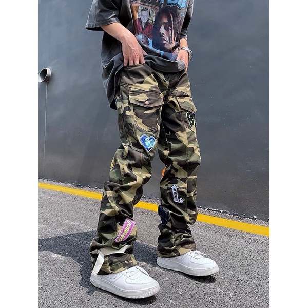 Cargo Pants Camo Gắn Stickers Unisex - Quần Hoạ Tiết Camo Xanh