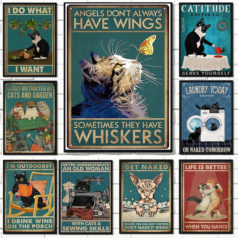 Tranh Vải Bạt Treo Tường In Hình Mèo Đen / Cà Phê / Đọc Sách Kiểu Vintage Trang Trí Nhà Cửa