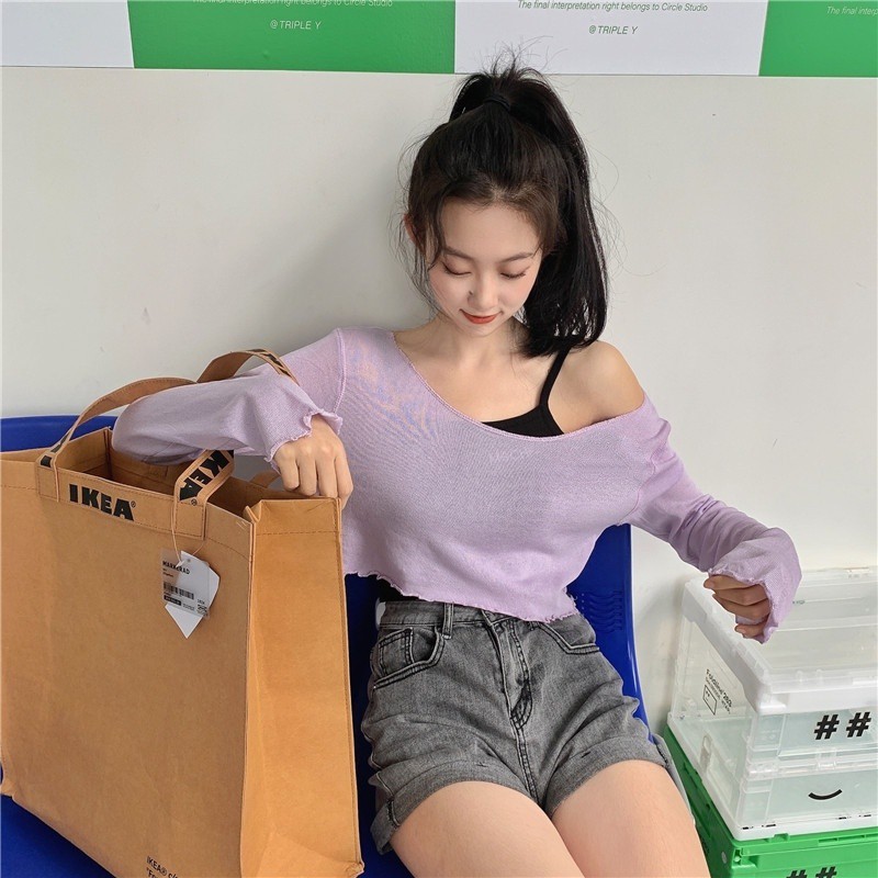 (QC L1) SET ÁO CROPTOP LEN GIẤY DÀI TAY CHỈ NỔI HỒNG TÍM TRẮNG + ÁO DÂY ĐEN ULZZANG - ÁO LEN GẠO LỆCH VAI BASIC | BigBuy360 - bigbuy360.vn