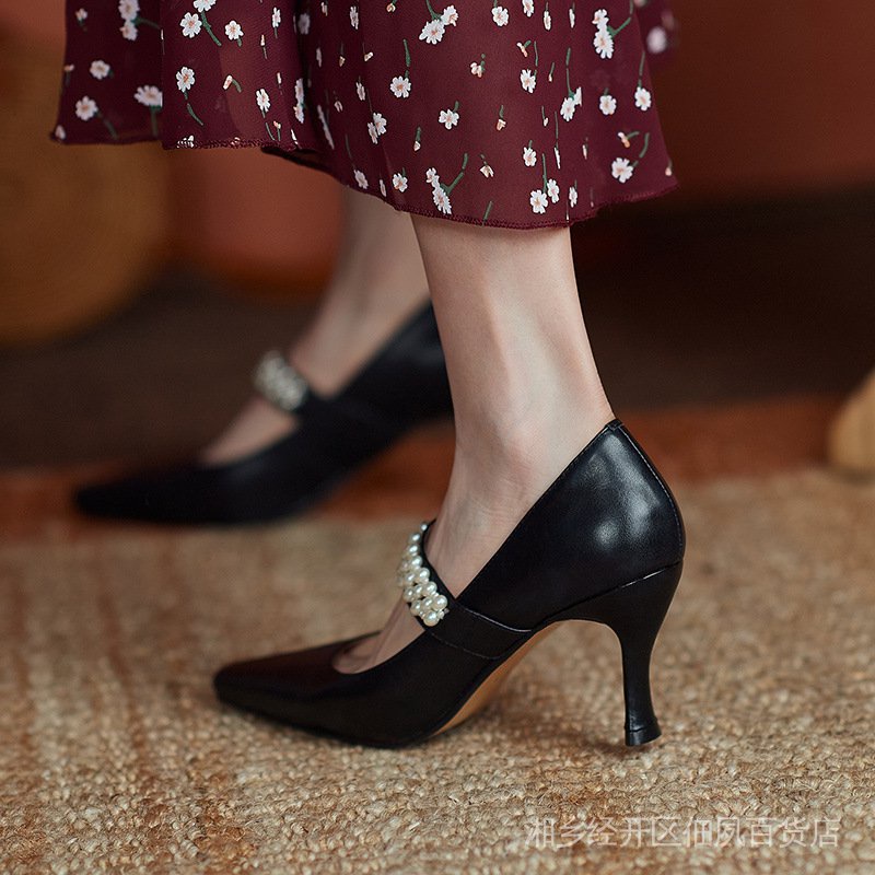 Giày Cao Gót Một Hàng Nút Ngọc Trai Mary Jane Phong Cách Pháp Thời Trang Mùa Hè 2022 Mới Cho Nữ