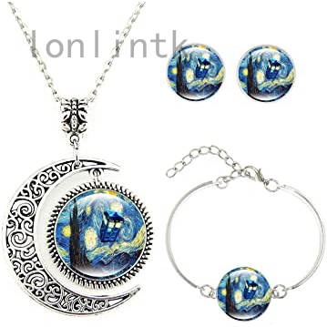 Vòng Tay Bạc Mặt Thủy Tinh Cabochon Nghệ Thuật Bầu Trời Đêm Đầy Sao Van Gogh Mới