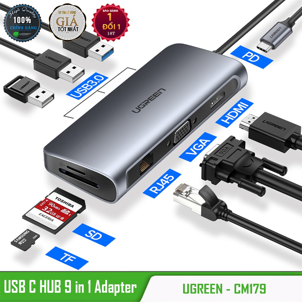 Hub USB Type-C ra HDMI, VGA, USB 3.0, RJ45, TF/SD Card Cao Cấp UGREEN CM179