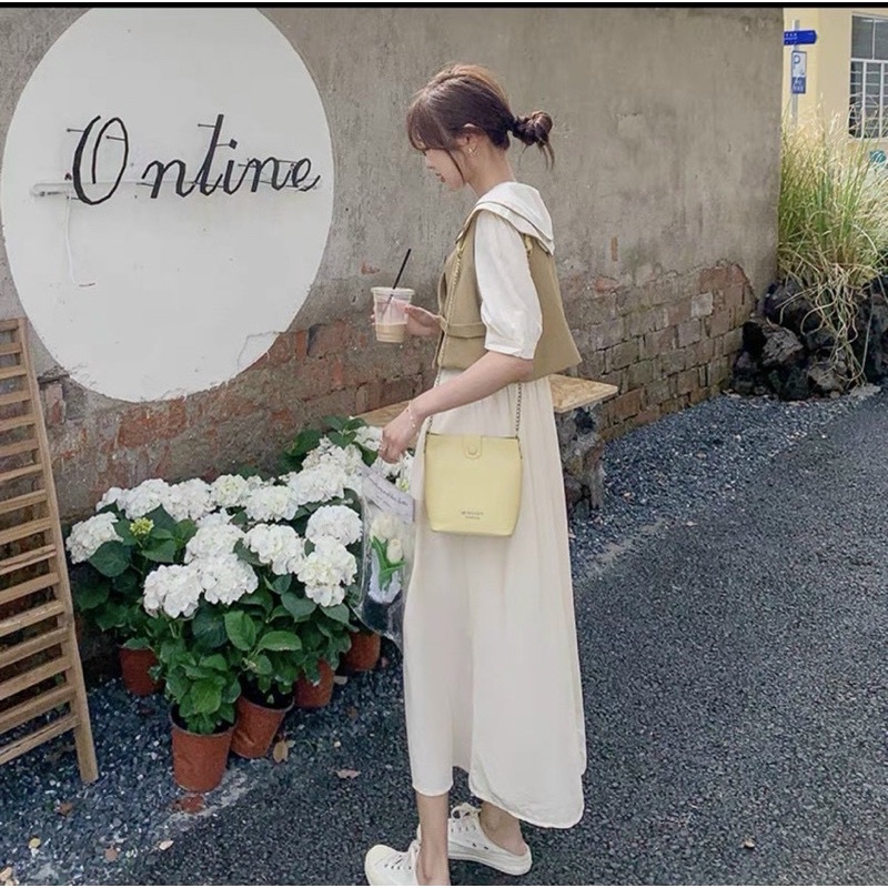 SET ĐẦM MIDI BBD CỔ SEN KÈM GILE NÂU