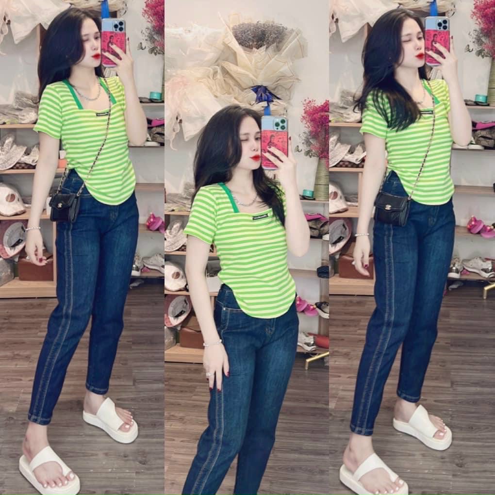 Áo thun body gân Cổ Vuông vạt bầu dáng ngắn