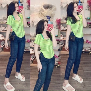 Áo thun body gân Cổ Vuông vạt bầu dáng ngắn