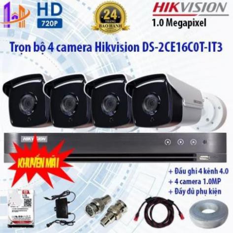 Trọn bộ 4 camera Hikvision DS-2CE16C0T-IT3 và DS-7204HQHI-K1
