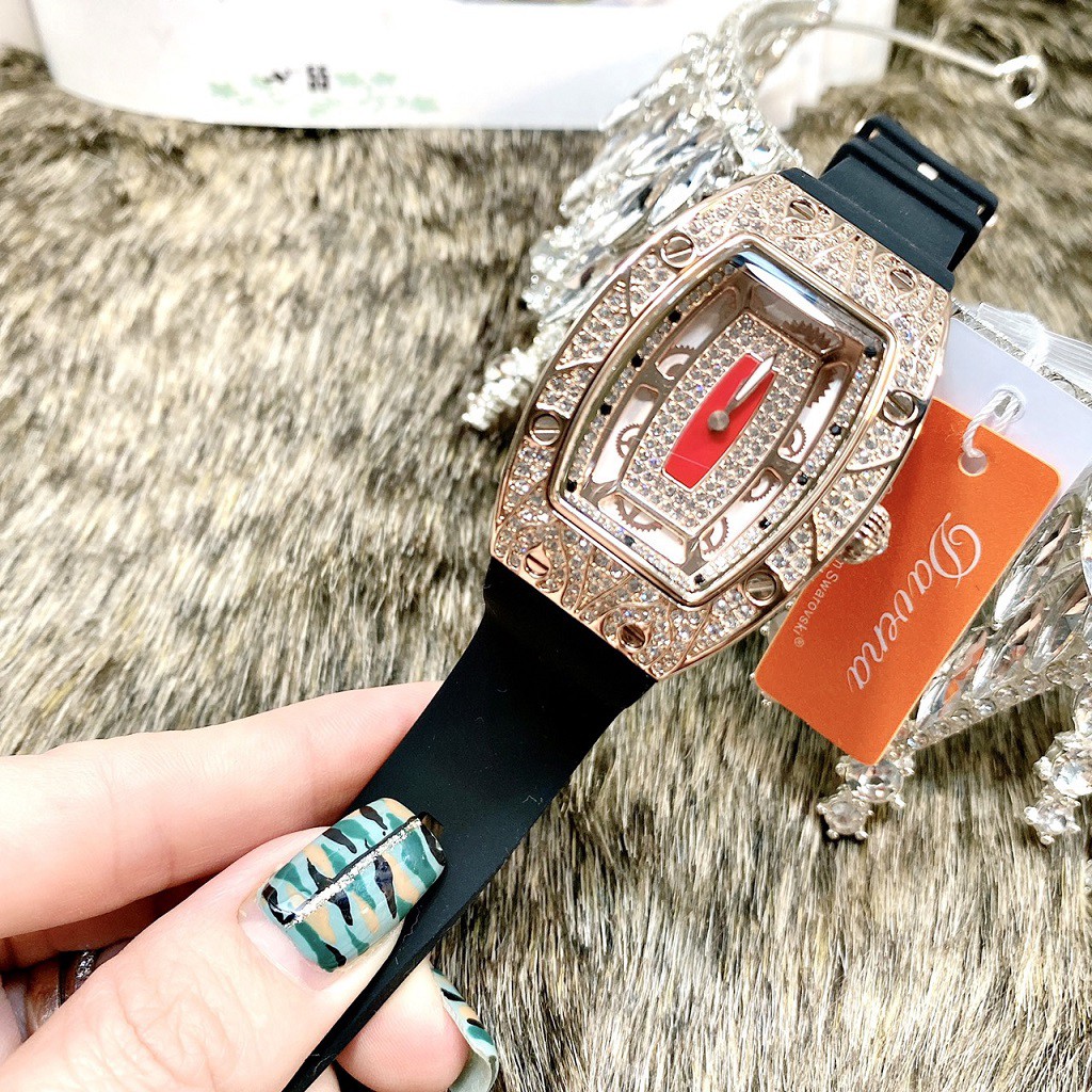 Đồng Hồ Nữ Davena Dây Silicon Đen Mặt Hoa Văn Đính Đá Rose Gold D31995 36mm Chính Hãng