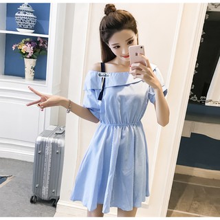 Đầm dạo phố lịch vai thắt chun eo tay ngắn