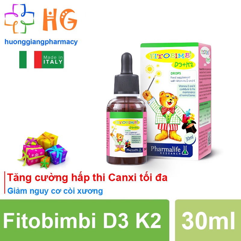 Fitobimbi D3 K2 - Vitamin D3 K2 cho bé, hấp thu canxi tối đa, giúp xương, răng chắc khỏe (Lọ 30ml)