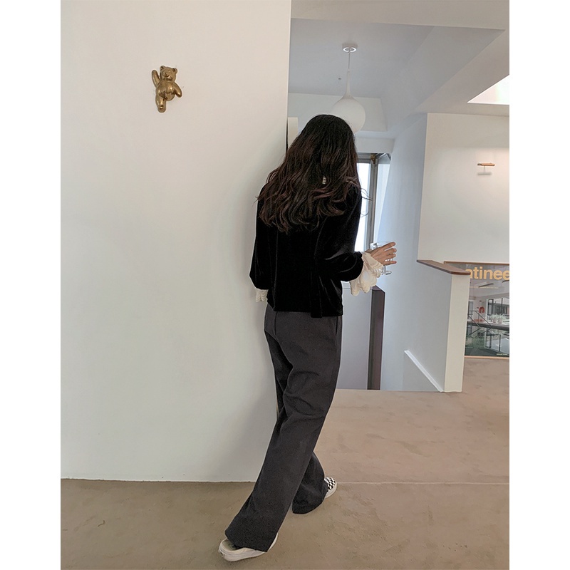 Áo sơ mi nhung SUXI tay dài dáng rộng cổ phối ren thời trang mùa thu phong cách Hàn Quốc