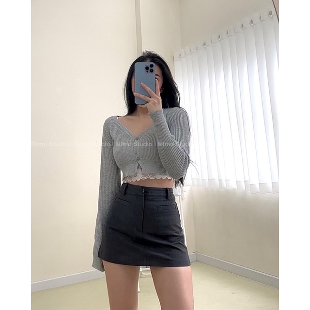 Len croptop - Chân váy chữ A xám