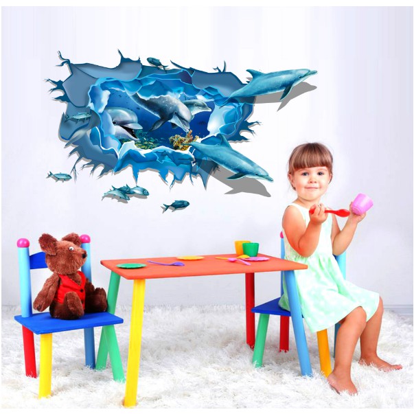 Decal trang trí tường - Cá Heo Xanh 3D