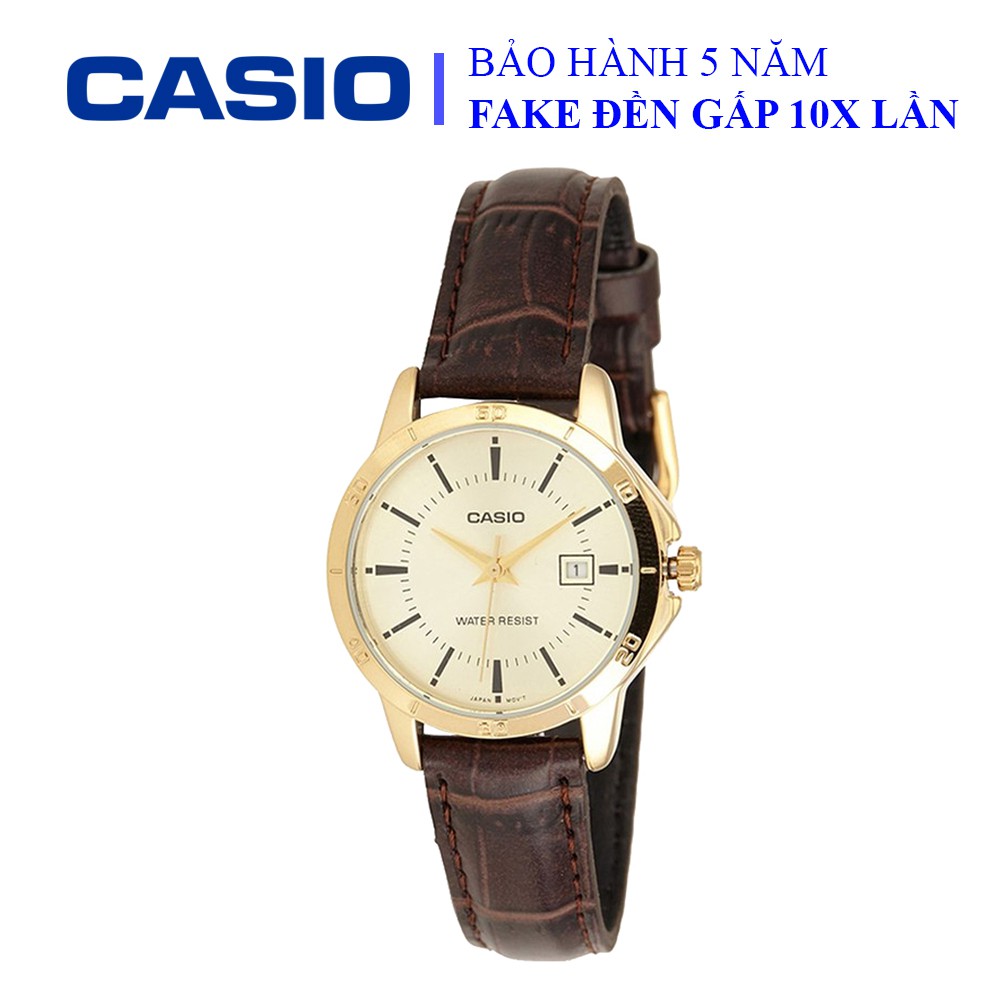 Đồng hồ Casio nữ dây da thể thao, mặt trắng viền vàng sang trọng, chống nước WR30M đi bơi (LTP-V004GL-9AUDF)