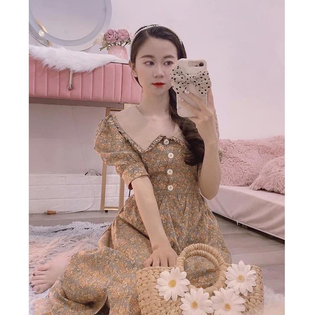 Váy babydoll hoa nhí phối cổ cộc tay, đầm dự tiệc hoa dáng xoè chiết eo đẹp, Váy hoa Vintage cổ sen Quý Tộc -ckv124