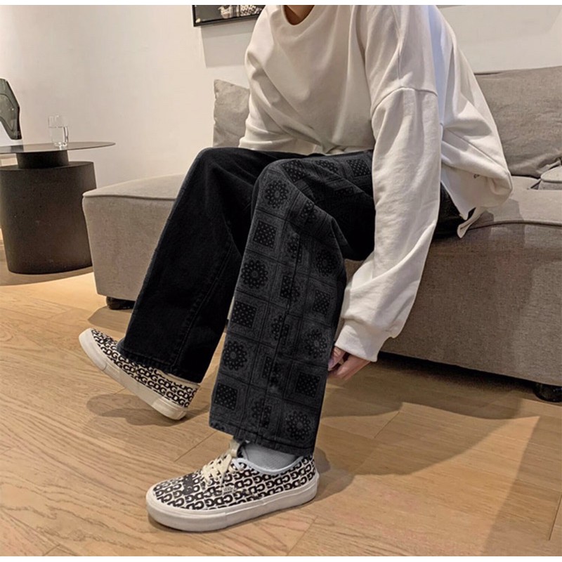 Quần bò jeans ống rộng hoạ tiết sườn phối màu đậm nhạt Ulzzang unisex nam nữ siêu chất ❤️